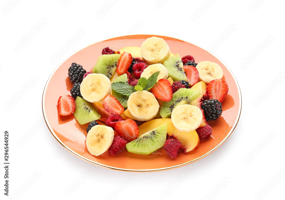 Plate with tasty fruit salad on white background