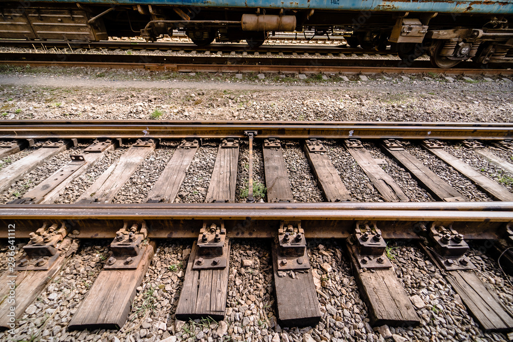 Railway station. Intersection of old rails. Closeup.