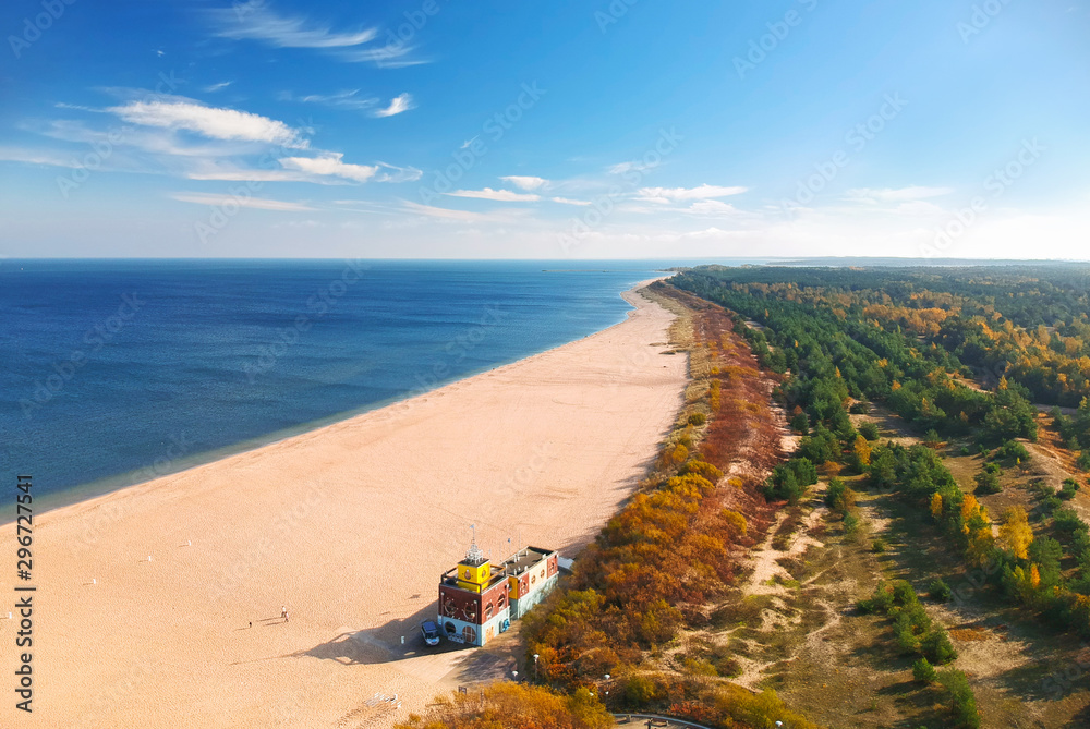 Aerial landscape of the beautiful beach with lifeguards house at Baltic Sea in Gdansk, Poland