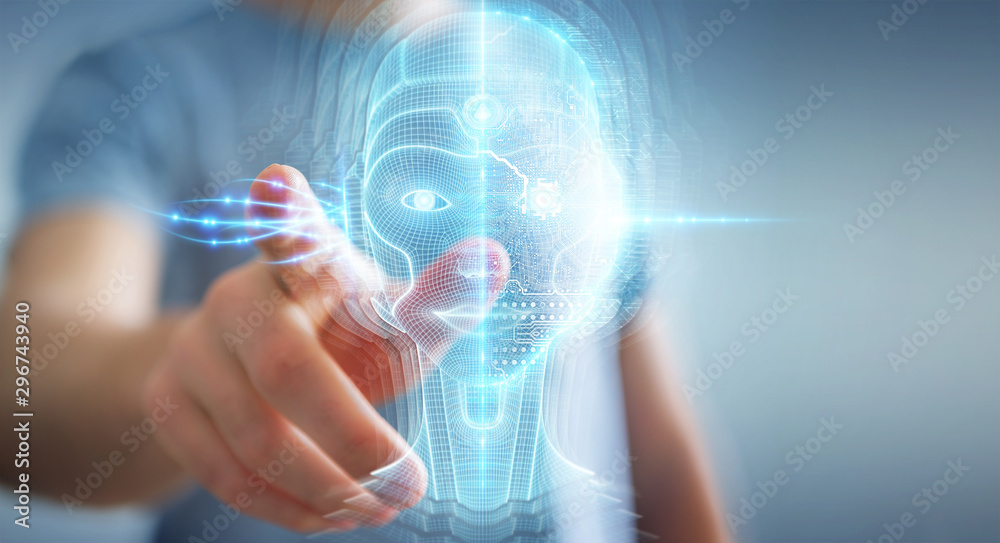 Businessman using digital artificial intelligence head interface 3D rendering