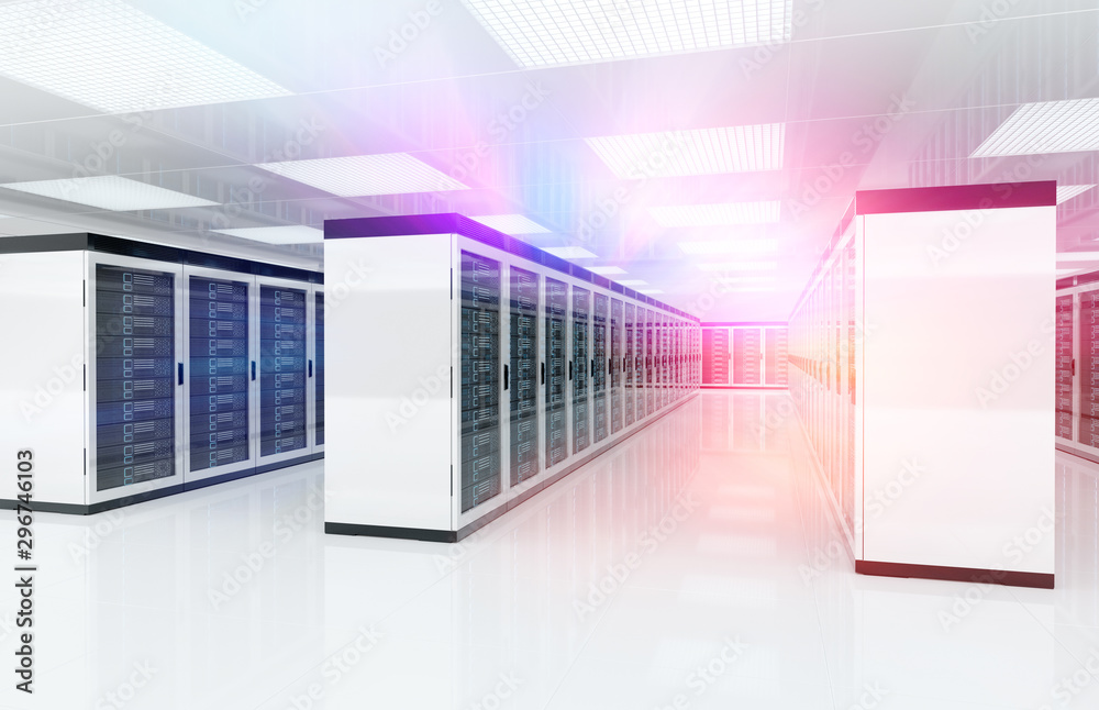 Servers data center room with bright speed light through the corridor 3D rendering