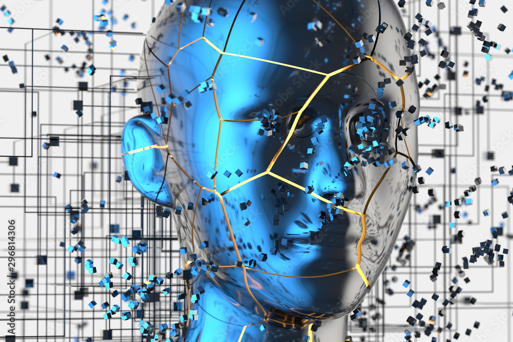 Blue metal human head with particles, 3d rendering.