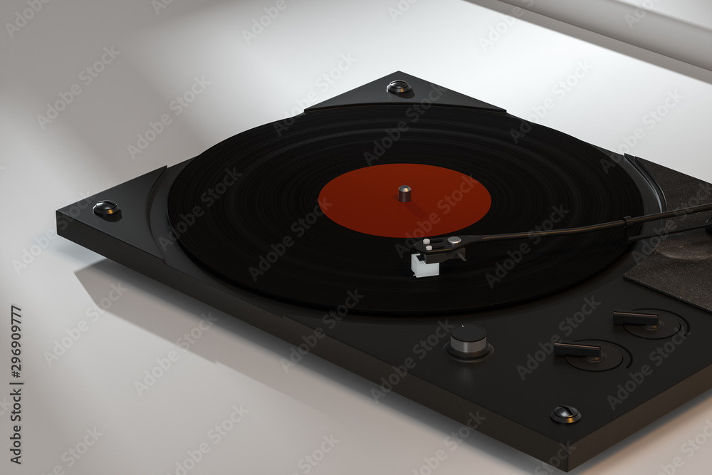 The dark vinyl record player on the table, 3d rendering.