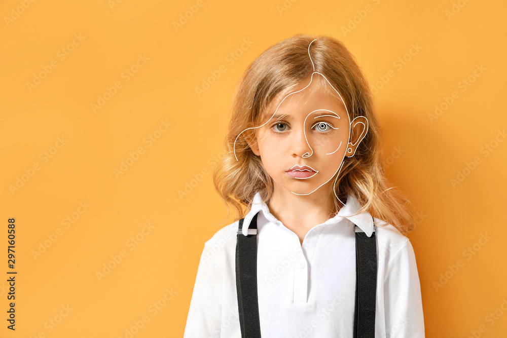 Cute little girl on color background