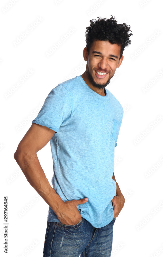 Portrait of happy African-American man on white background