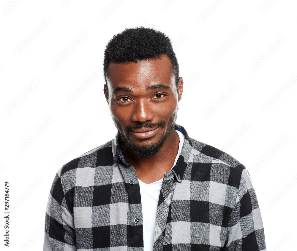 Portrait of handsome African-American man on white background