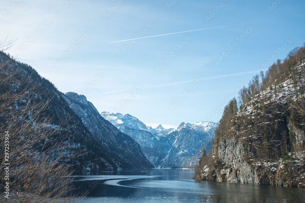 Lake Konigssee between huge mountains, early morning