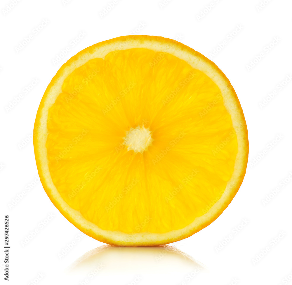 Slice of tasty orange on white background