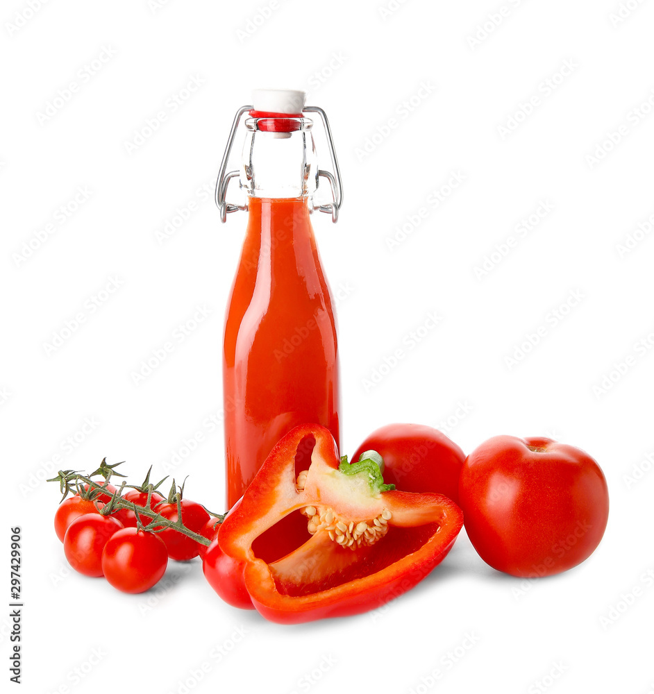 Bottle of fresh vegetable juice isolated on white