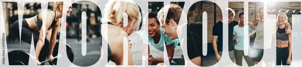 Collage of smiling people doing workouts together at the gym