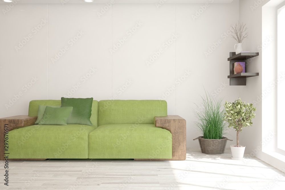 Stylish room in white color with sofa. Scandinavian interior design. 3D illustration