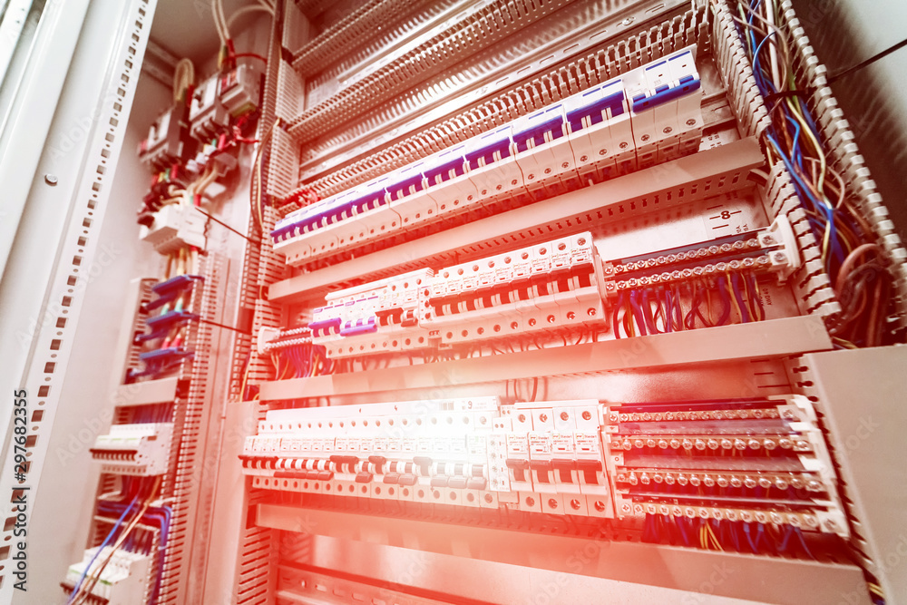 Electrical panel at a assembly line factory. Controls and switches.