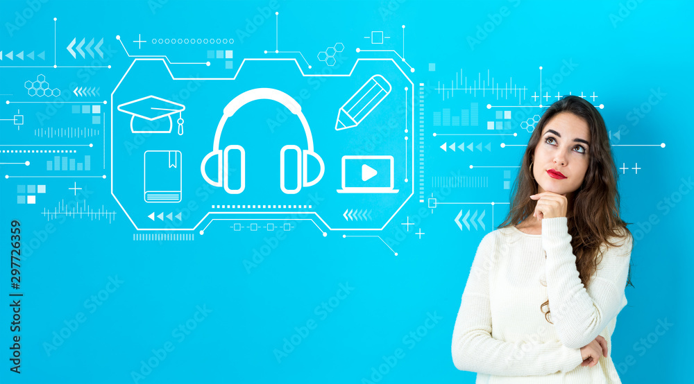 E-learning concept with young woman in a thoughtful face