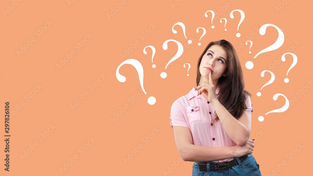 Question woman apron attractive beautiful beauty blue background