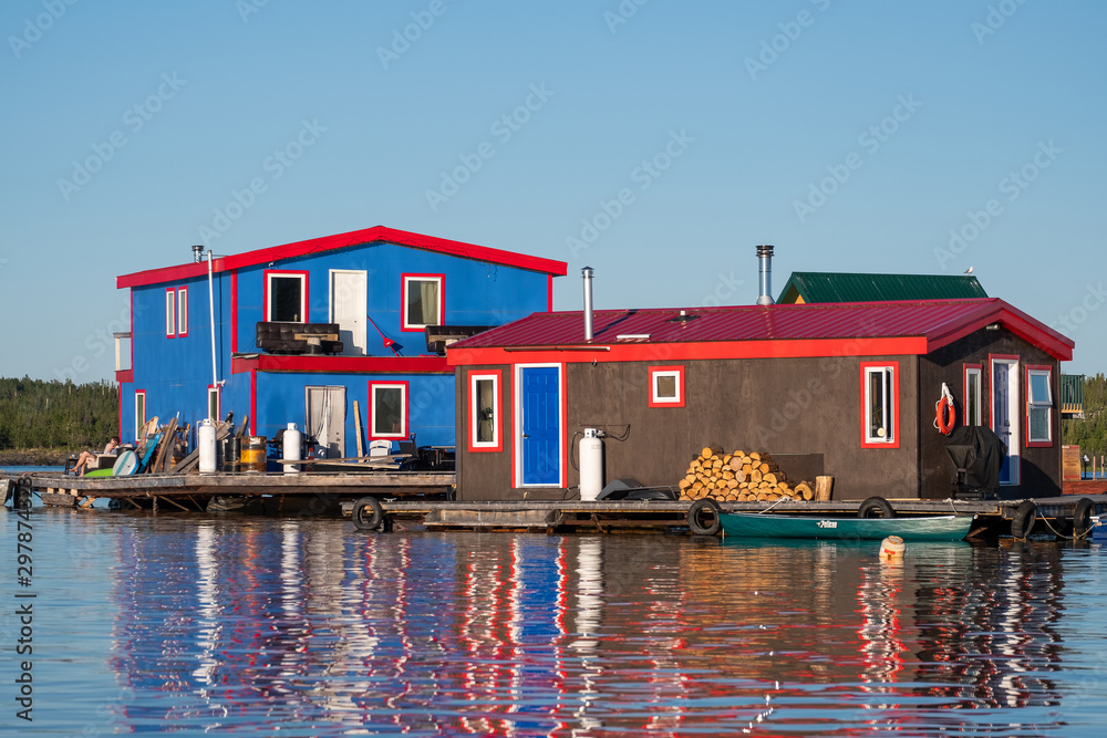 Two little floating houses in the Yellowknife Bay