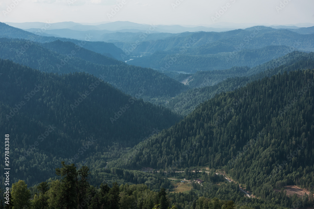 Beauty day in the mountains in Altay, panoramic picture. Aerial shot on drone