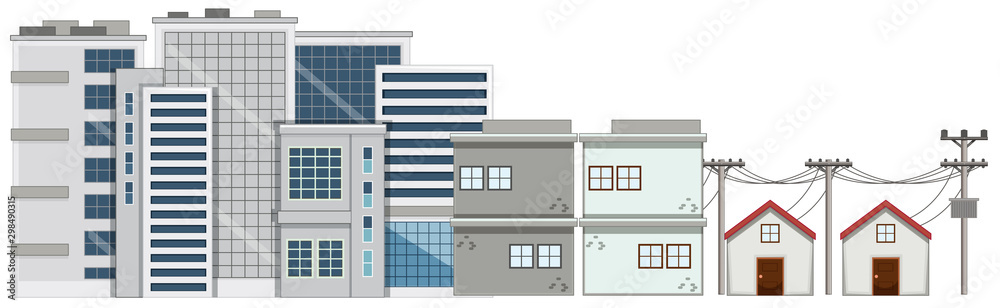 Many buildings and houses on white background