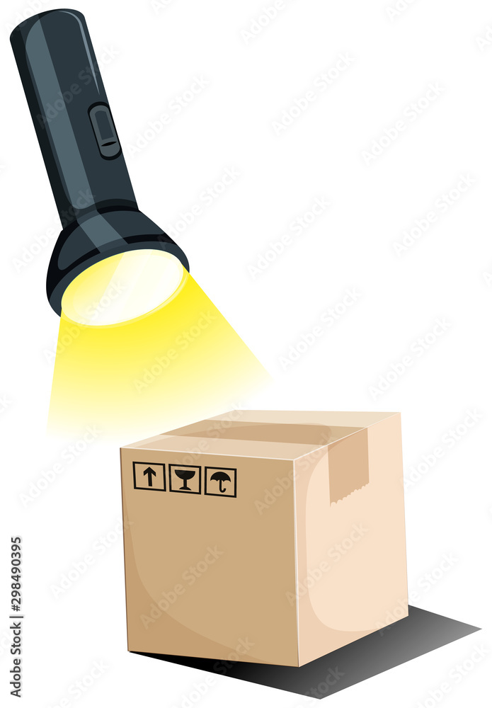 Flashlight shining on cardboard box