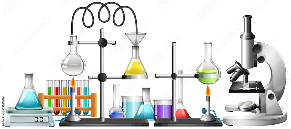 Science equipments on white background