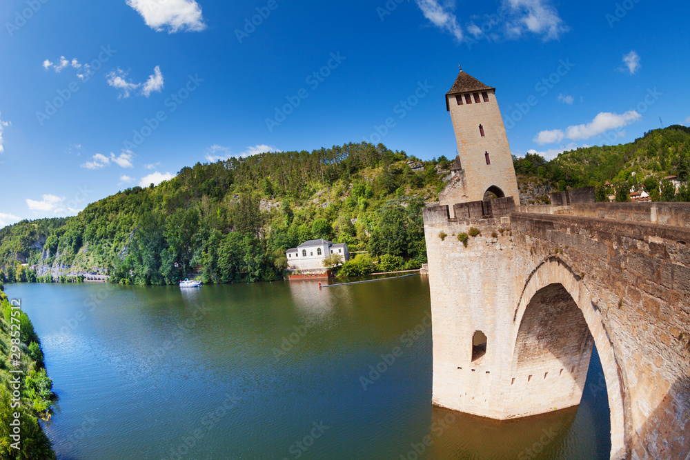 Lot river and Valentre bridge in Cahor France