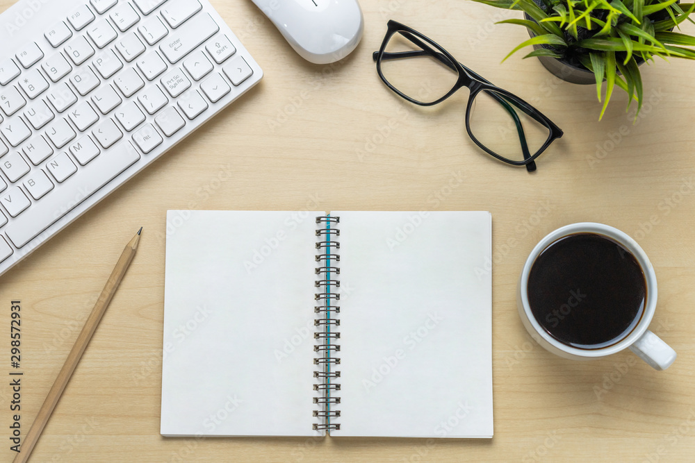 Office desk workspace and table background from top view above flat lay objects. Modern minimal desi