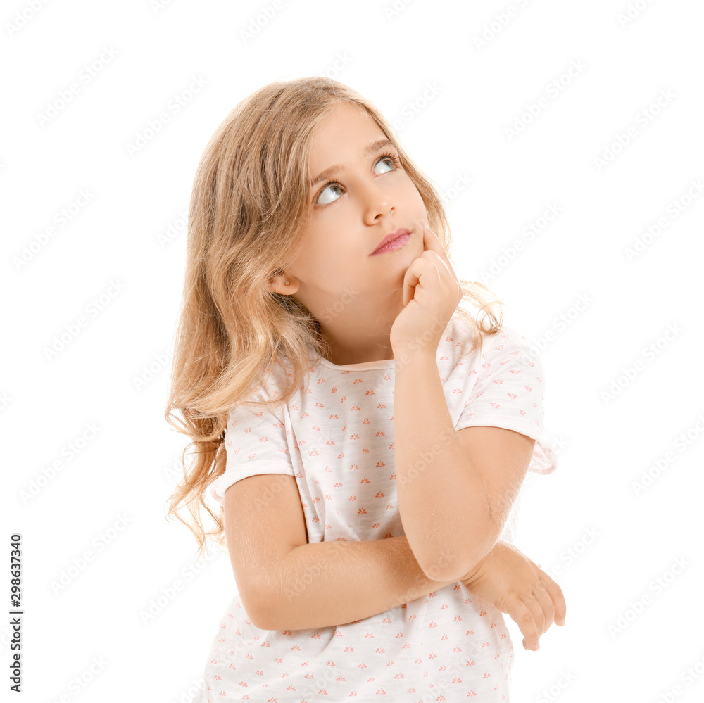 Thoughtful little girl on white background