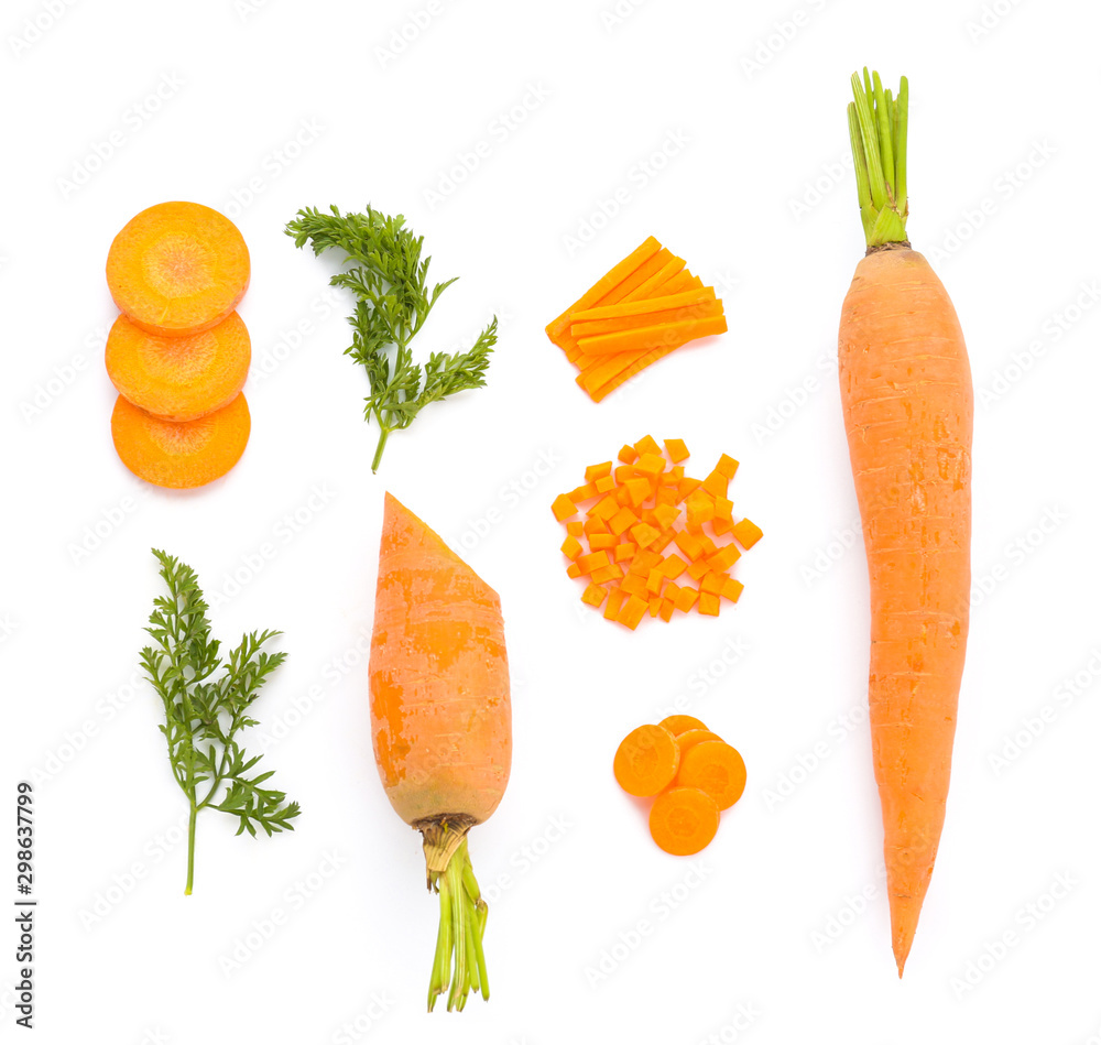 Tasty fresh carrots on white background