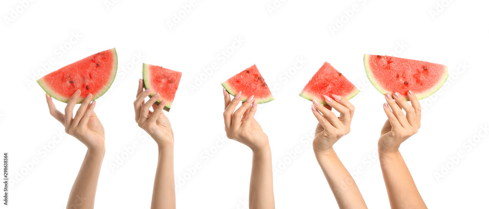 Female hands with slices of ripe watermelon on white background