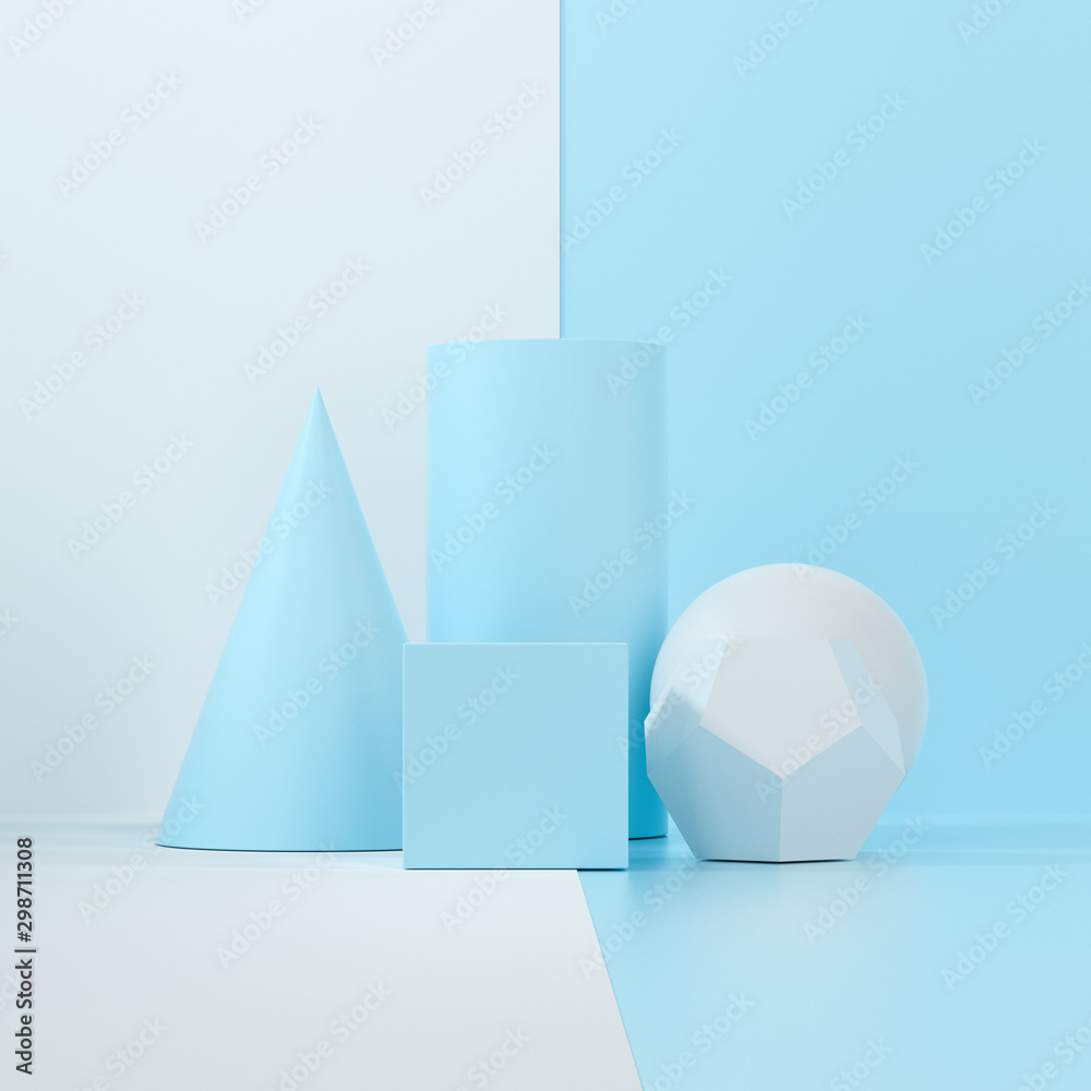 Still life presentation of geometric objects, 3d rendering.