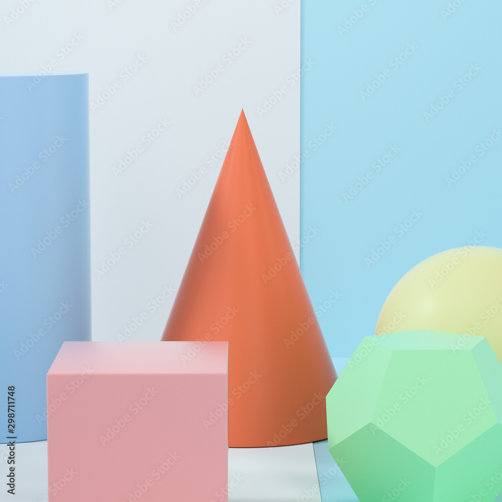 Still life presentation of geometric objects, 3d rendering.