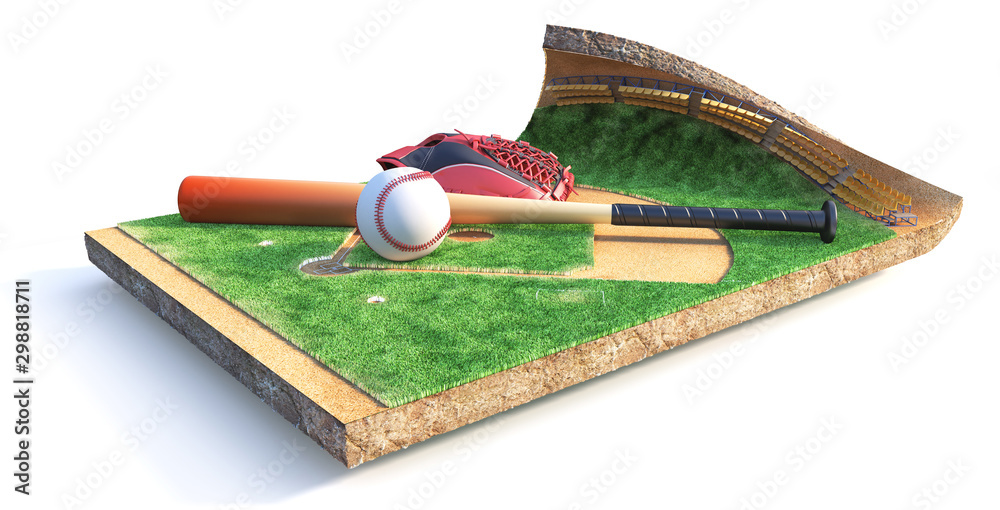 Sport concept. Baseball field on a piece of ground isolation on a white background. 3d illustration