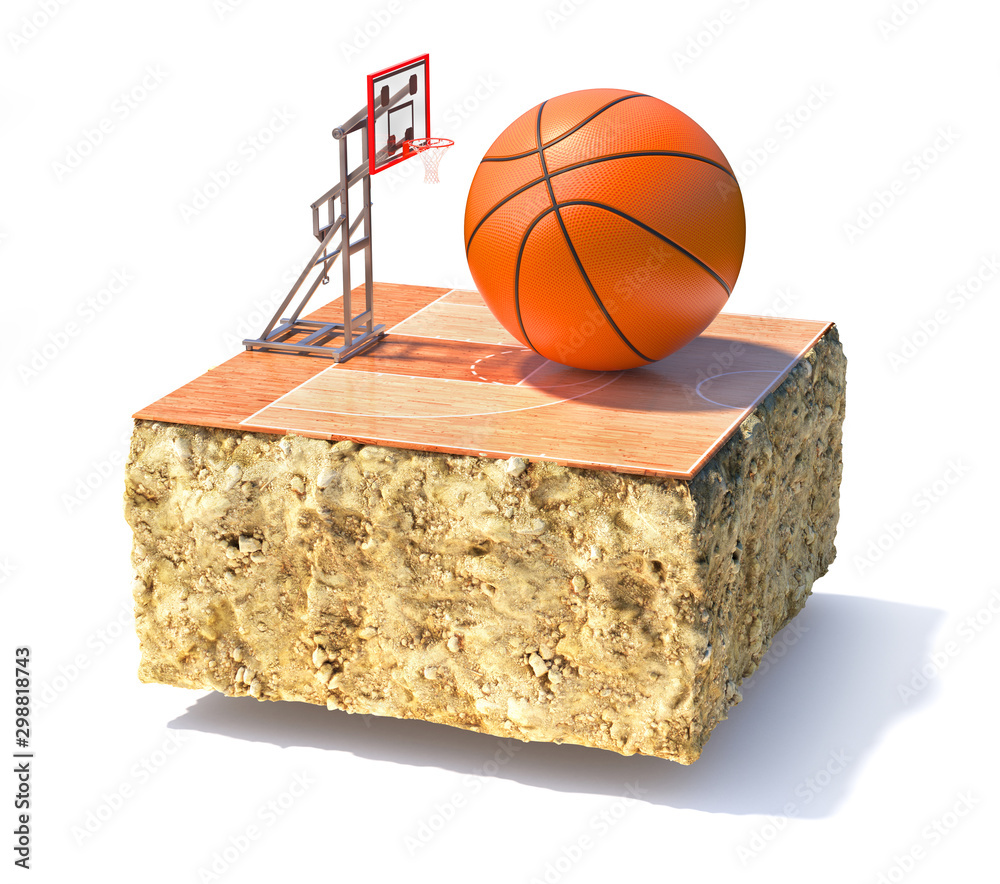 Sport concept. Basketball field on a piece of ground isolation on a white background. 3d illustratio