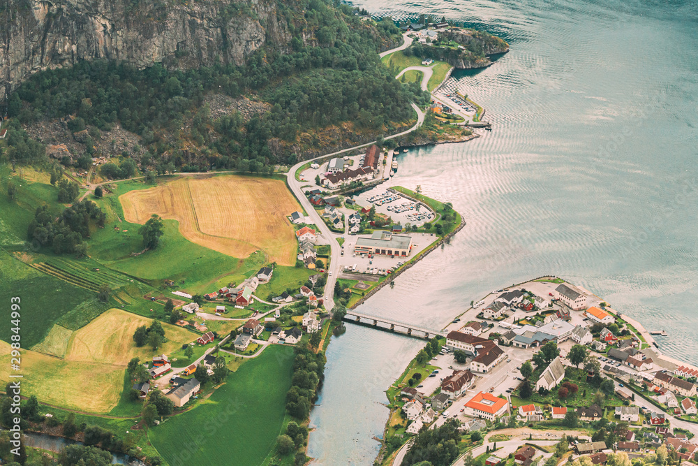 Aurland, Aurlandsvangen, Norway. Aurlandsvangen Seen From Stegastein Viewpoint In Sogn And Fjordane 