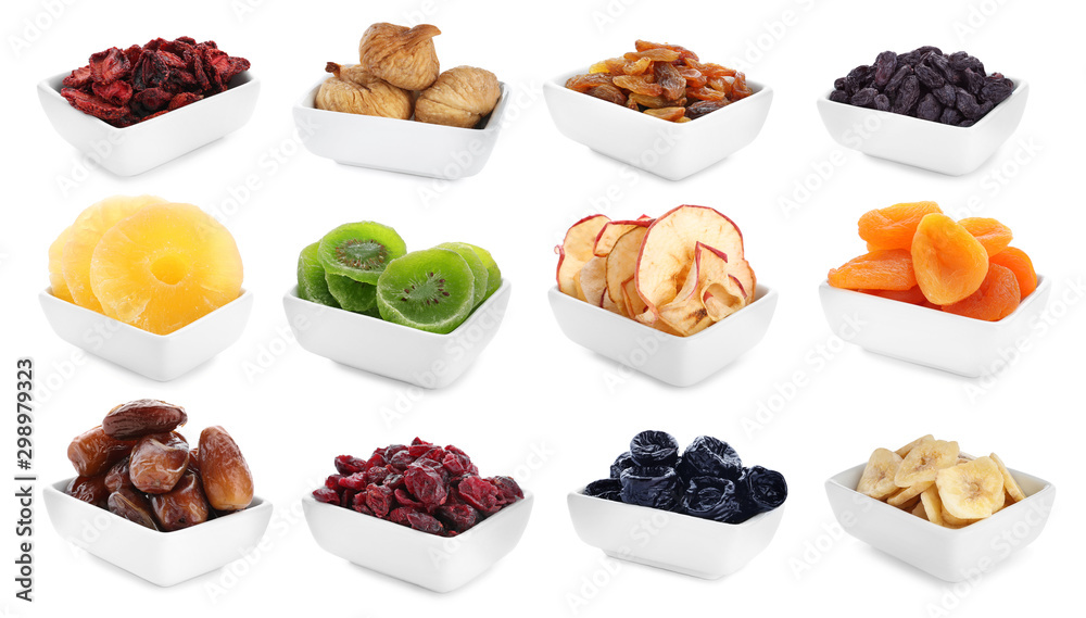 Bowls with different dried fruits on white background