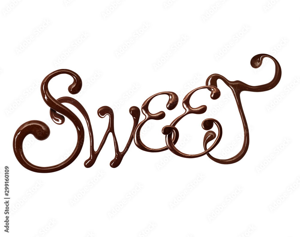 Inscription Sweet made of chocolate elegant font with swirls, isolated on white background