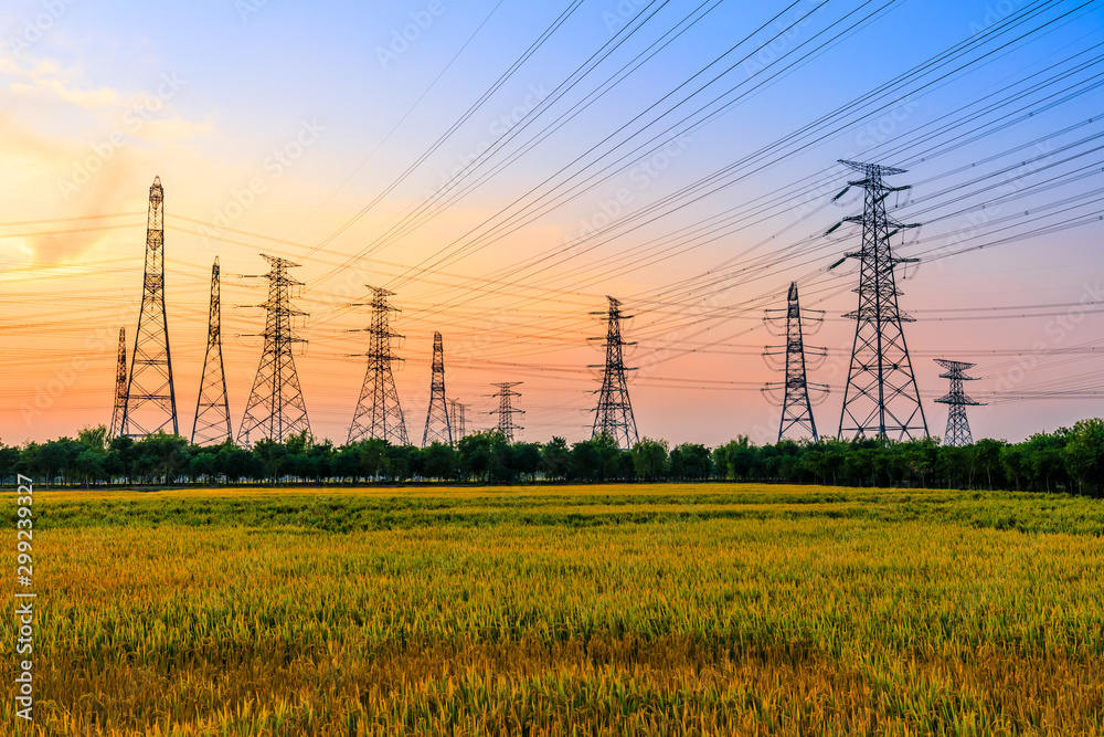 High voltage electricity tower sky sunset landscape,industrial background.