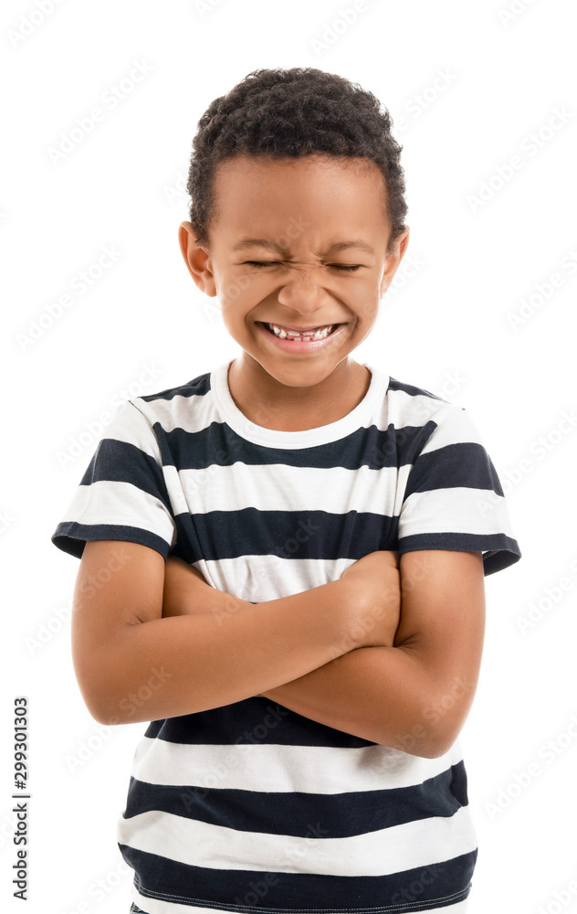 Happy African-American boy on white background