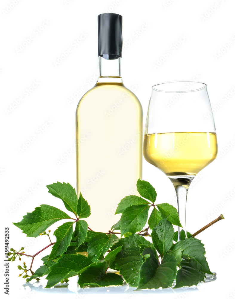 Glass and bottle of wine on white background