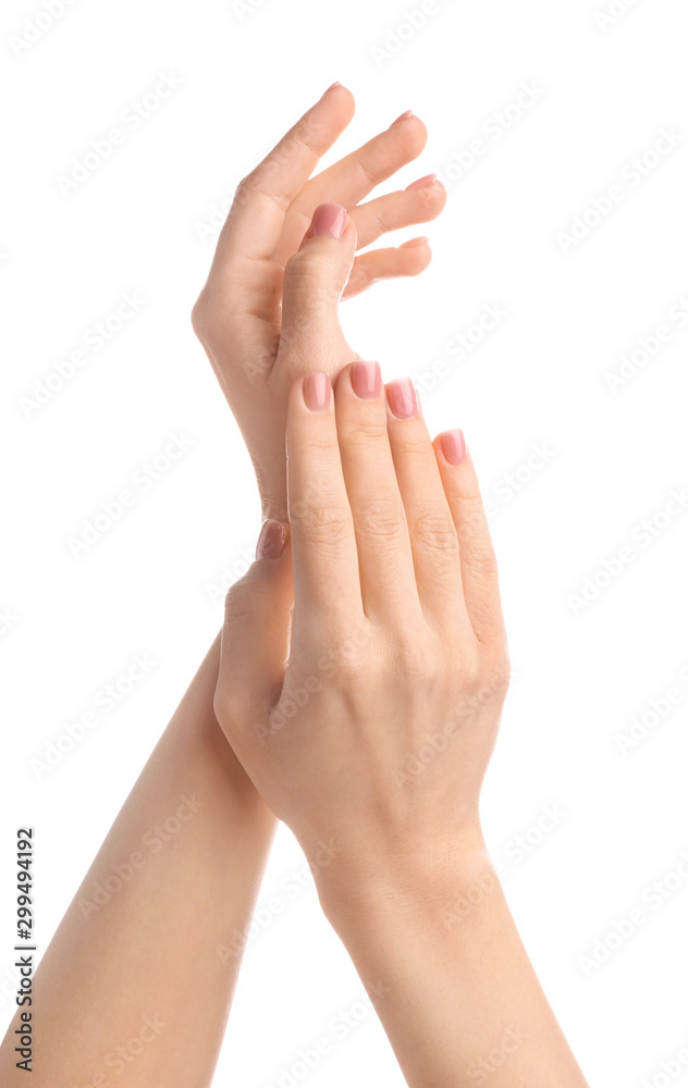 Hands of beautiful young woman on white background