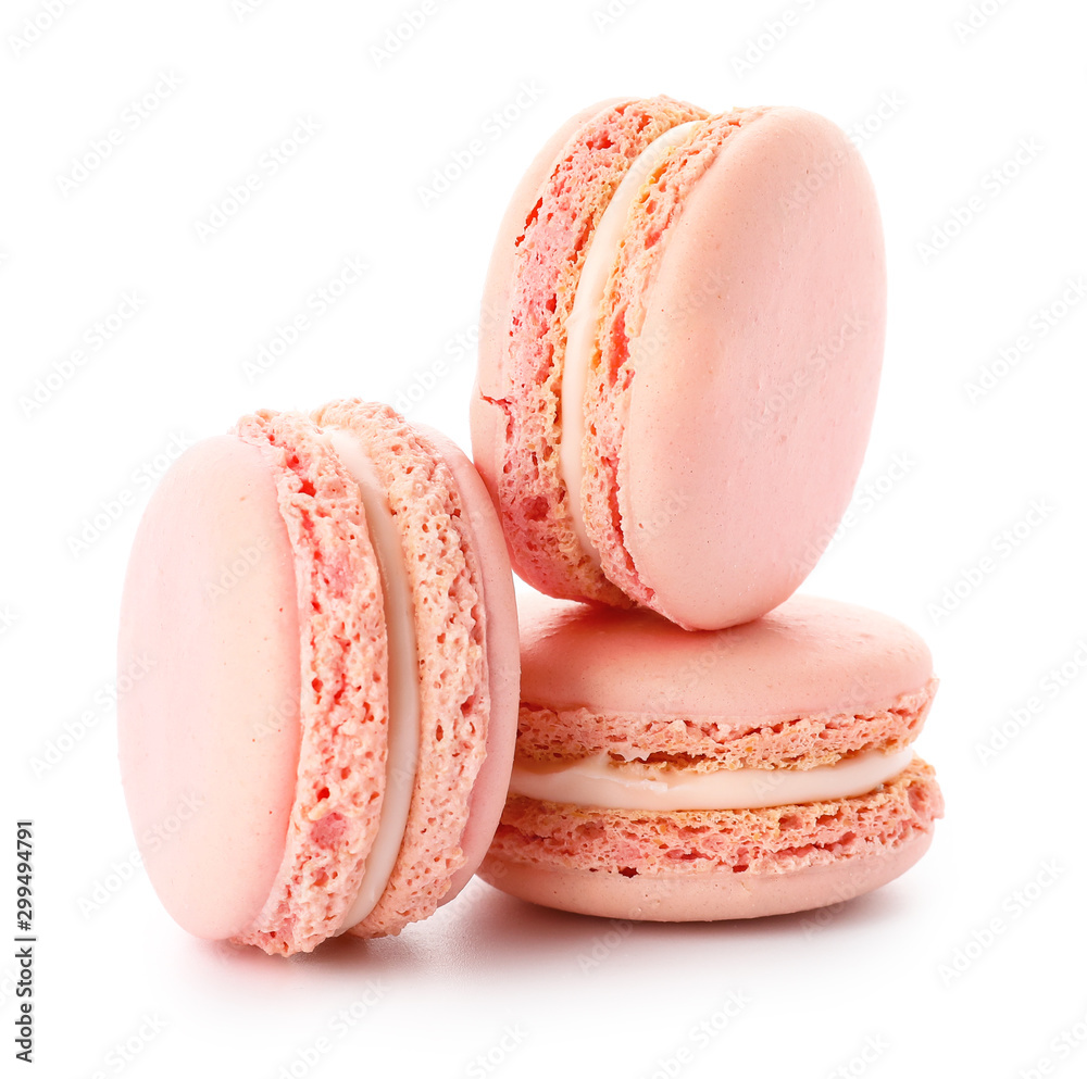 Tasty macarons on white background