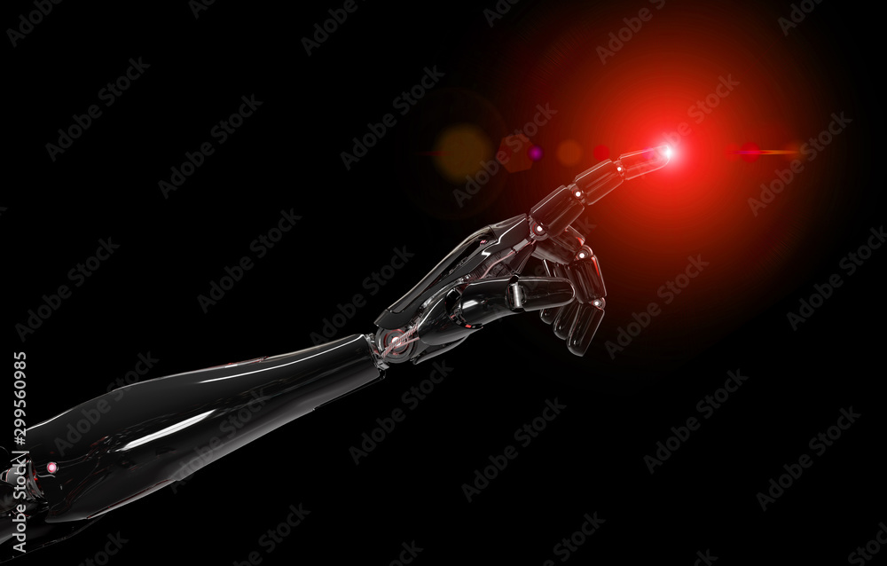 Black and red intelligent robot cyborg arm pointing finger on dark 3D rendering