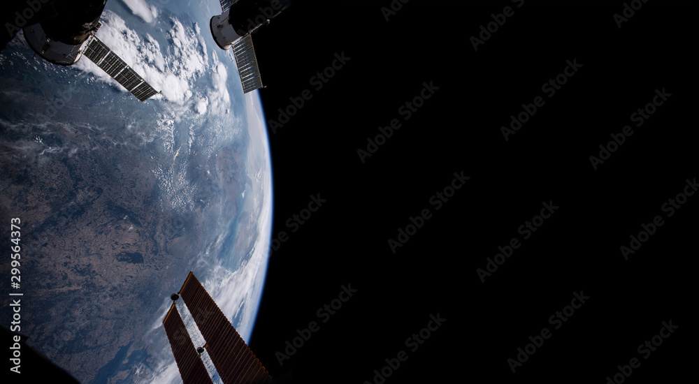 View of planet Earth from a space station window during a sunrise 3D rendering elements of this imag