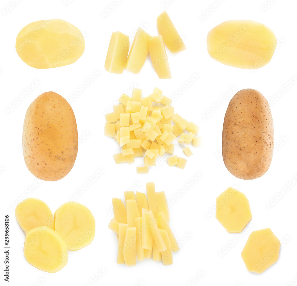 Collage with raw potatoes on white background