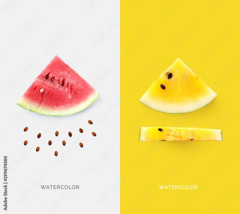 Creative layout made of pink and yellow watermelon. Flat lay. Food concept. Macro concept.