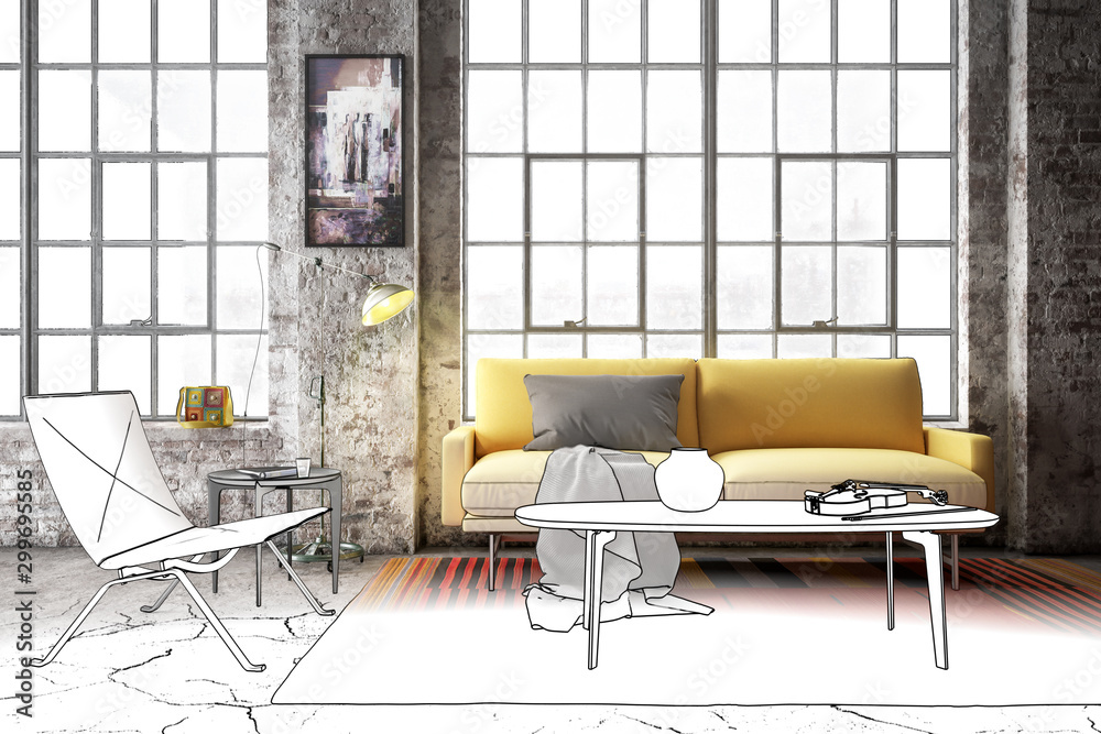 Industrial Loft Furnishing Presentation (drawing) - 3d visualization