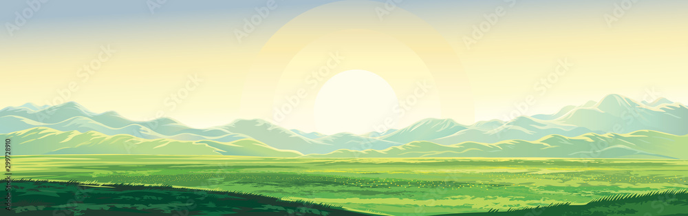 Summer rural mountain landscape, dawn over the valley, elongated format.