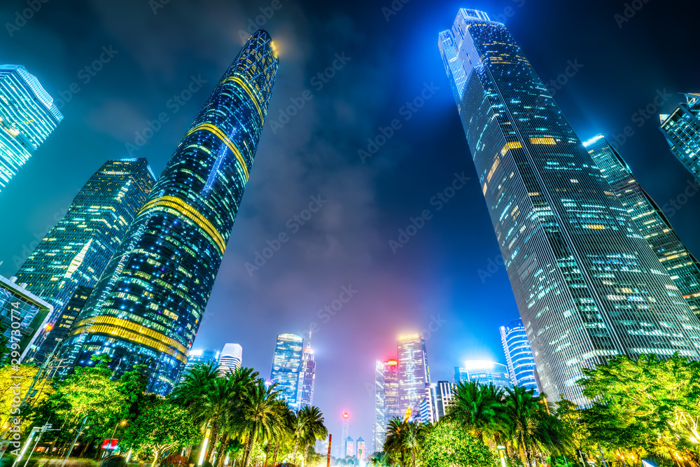 Night view of modern buildings in Guangzhou City Square..