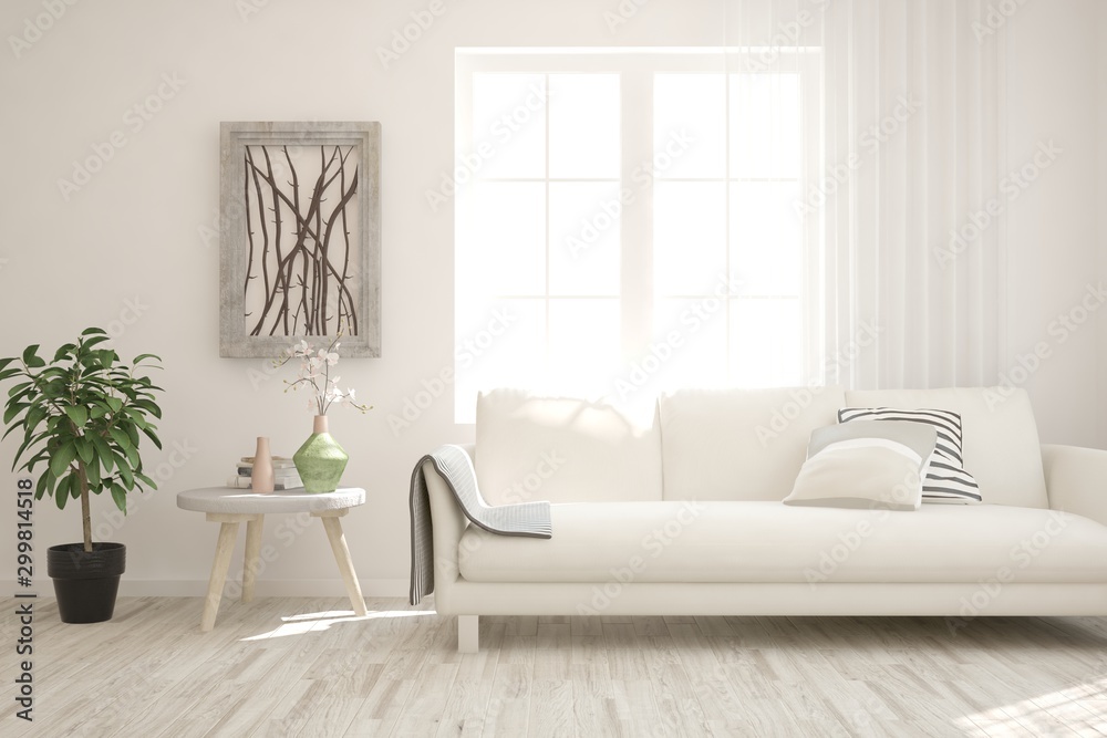 Stylish room in white color with sofa. Scandinavian interior design. 3D illustration