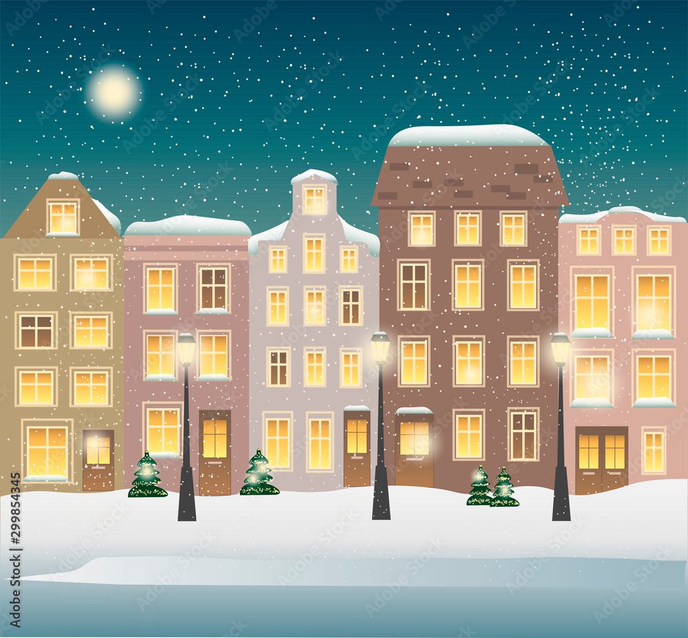 Winter town illustration. Cozy Merry Christmas postcard. Happy new year.  Europe cityscape.