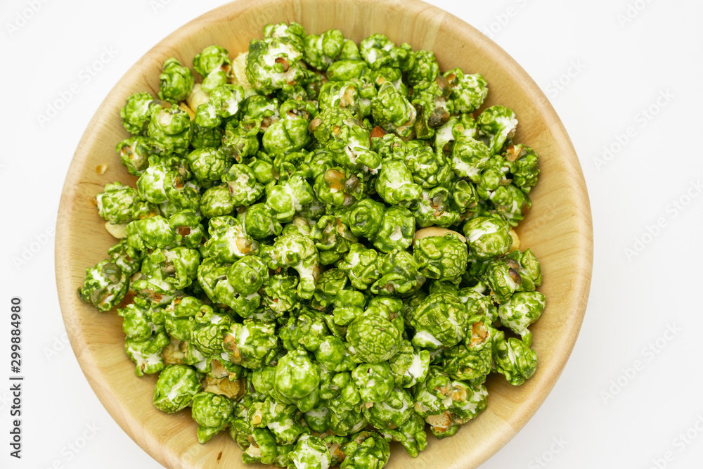 Top view the lush of Japanese matcha green tea popcorn with white background for copy space text, Po